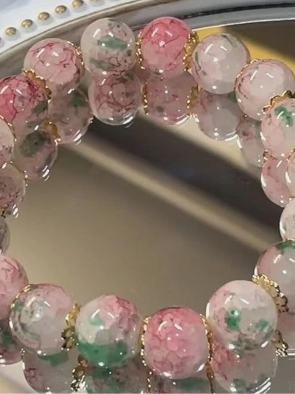 Handmade Pink Floral Bead Bracelet with Gold Accents N45